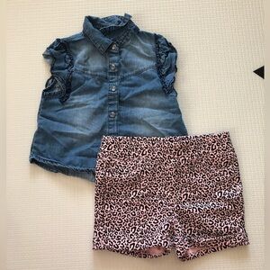 Joe’s Jeans|Baby girl two piece outfit,Leopard pink denim shorts & chambray top•